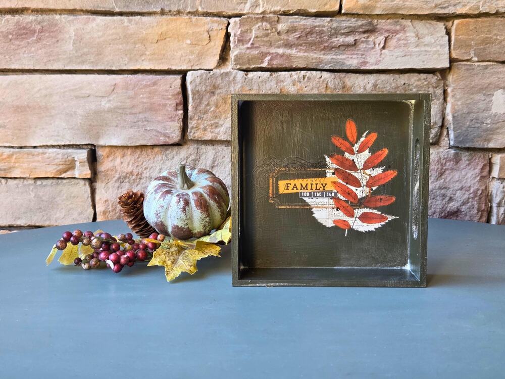 Rustic Fall Tray: Hand-Painted Leaf Accent, 'Family' Decor (6x6")